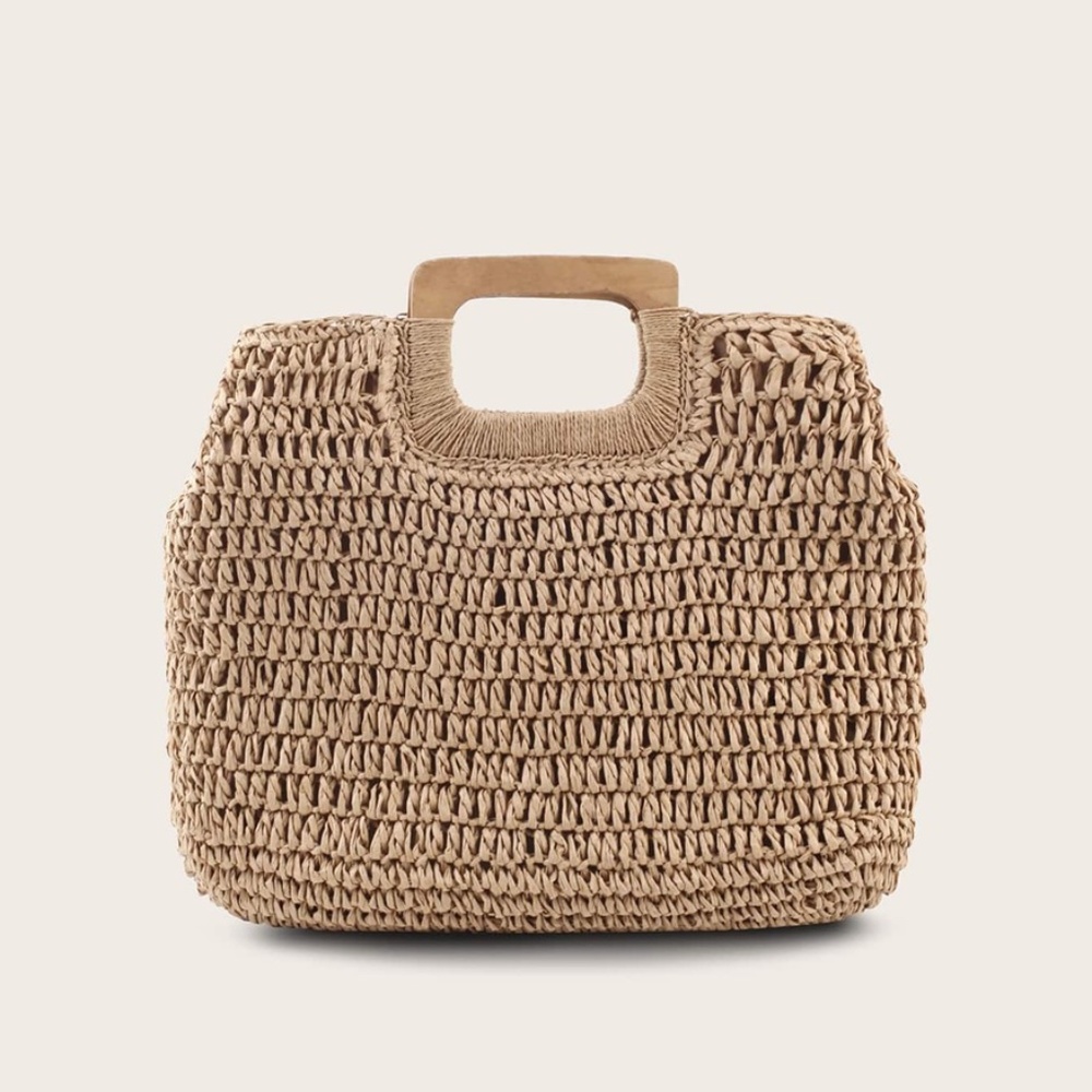 boho Cream Khaki straw bag wood handle tote - Picture 5 of 5